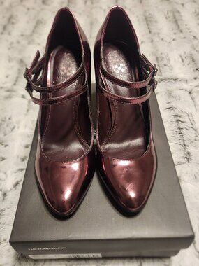 Vince Camuto Dahlein Plum Metallic Mary Jane Block Heel Pumps Size 8.5M
